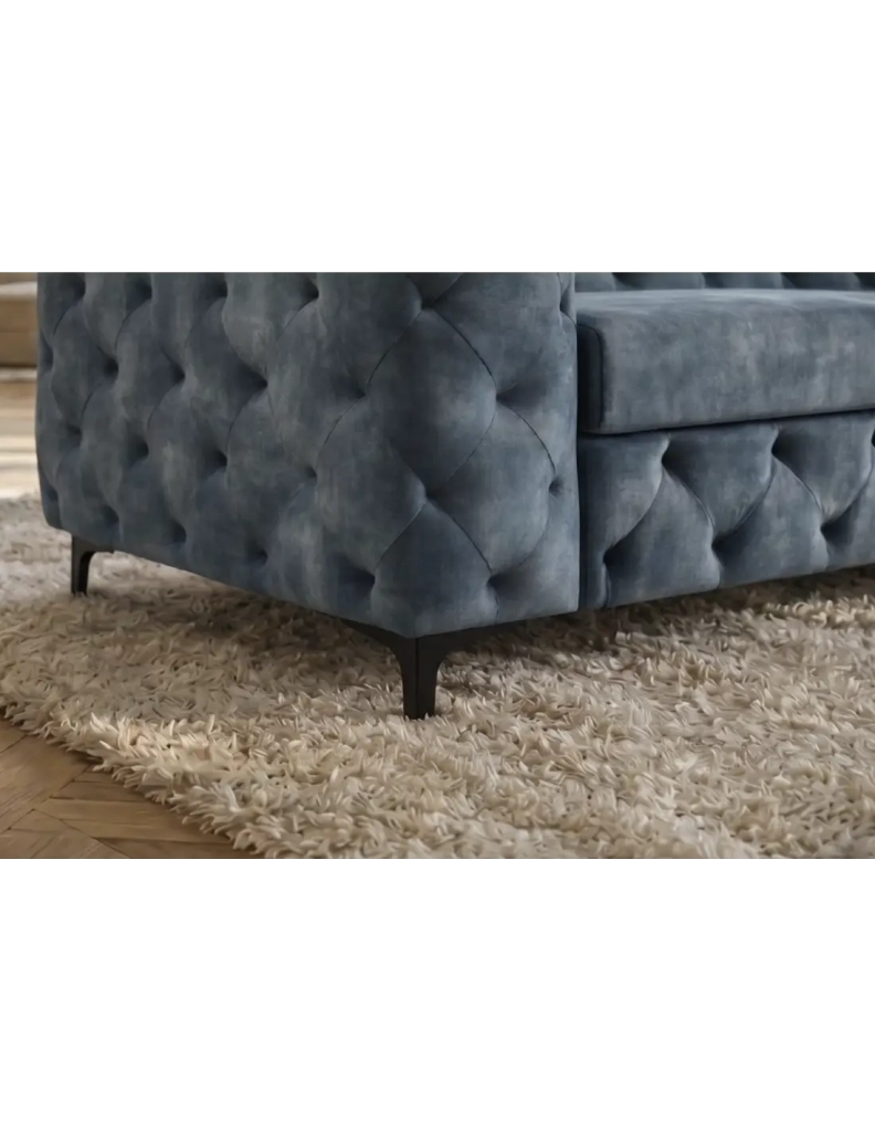 Divano dritto VELENA 3 posti in velluto trapuntato - Blu - 235 x 74 x 95 cm