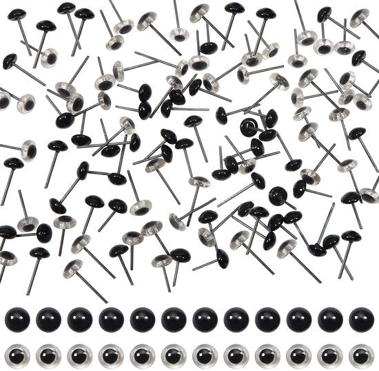 Occhiali di Sicurezza 100 pezzi - Materiale: Vetro/Metallo - Diametro 6 mm - Translucido/Nero - Per Accessori Plush/Attività Creativa - Superficie Liscia - Occhiali di Sicurezza per Bambola