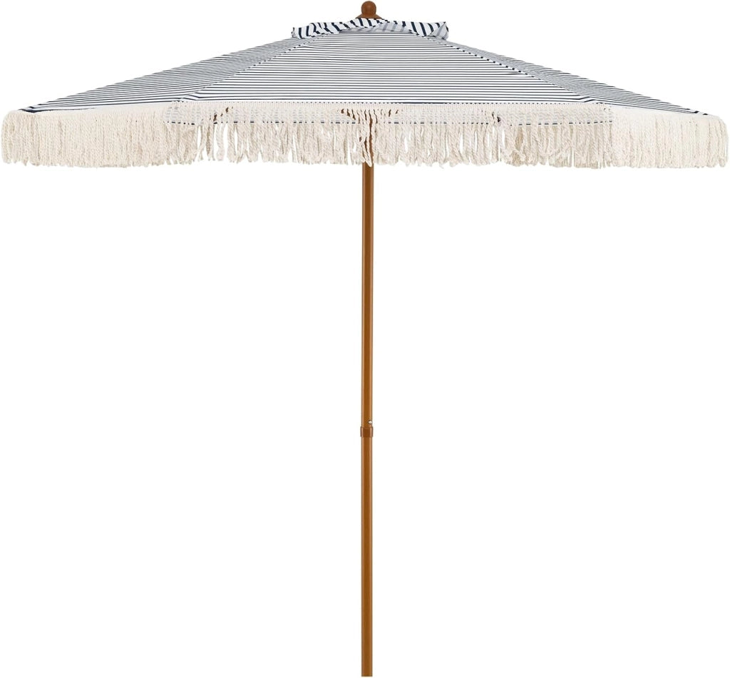 Ombrellone da Spiaggia 200 cm, 6 Stecche in Alluminio, Portatile con Decorazioni, Impermeabile Anti-UV, Antivento per Spiaggia Piscina Cortile (Bianco+Blu)