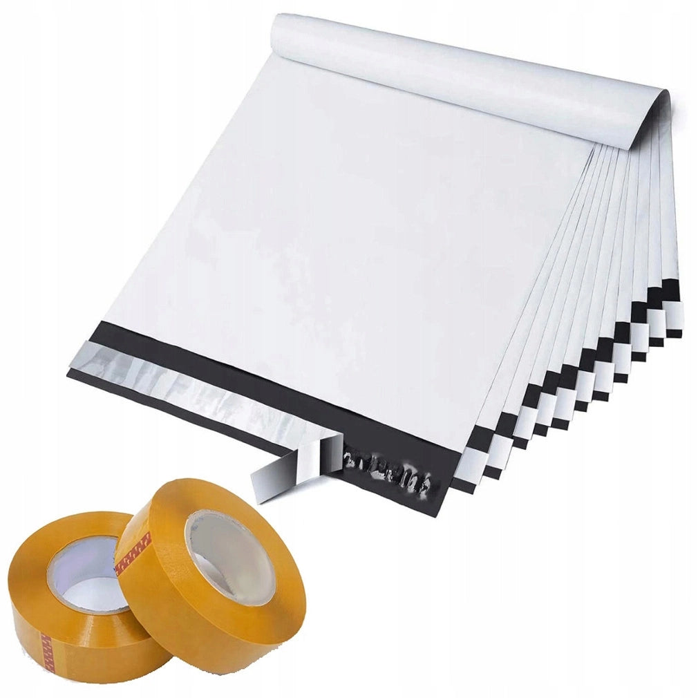 Buste da Spedizione Bianche 500x610mm 100 Pezzi + 2x Nastro Adesivo Giallo Rosfix 48mm x 50m – Alta Resistenza e