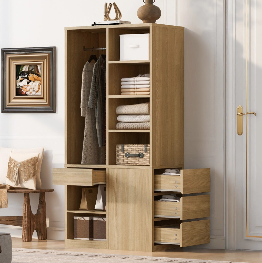 Armadio guardaroba 70x50x170 cm con appendiabiti; ripiani aperti e cassetti in MDF e compensato