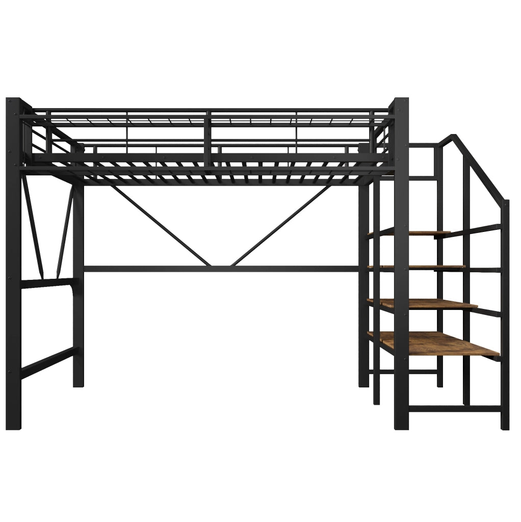 Letto a soppalco 140x200 cm con scaffale a gradini; vano portaoggetti e LED; in MDF e metallo nero