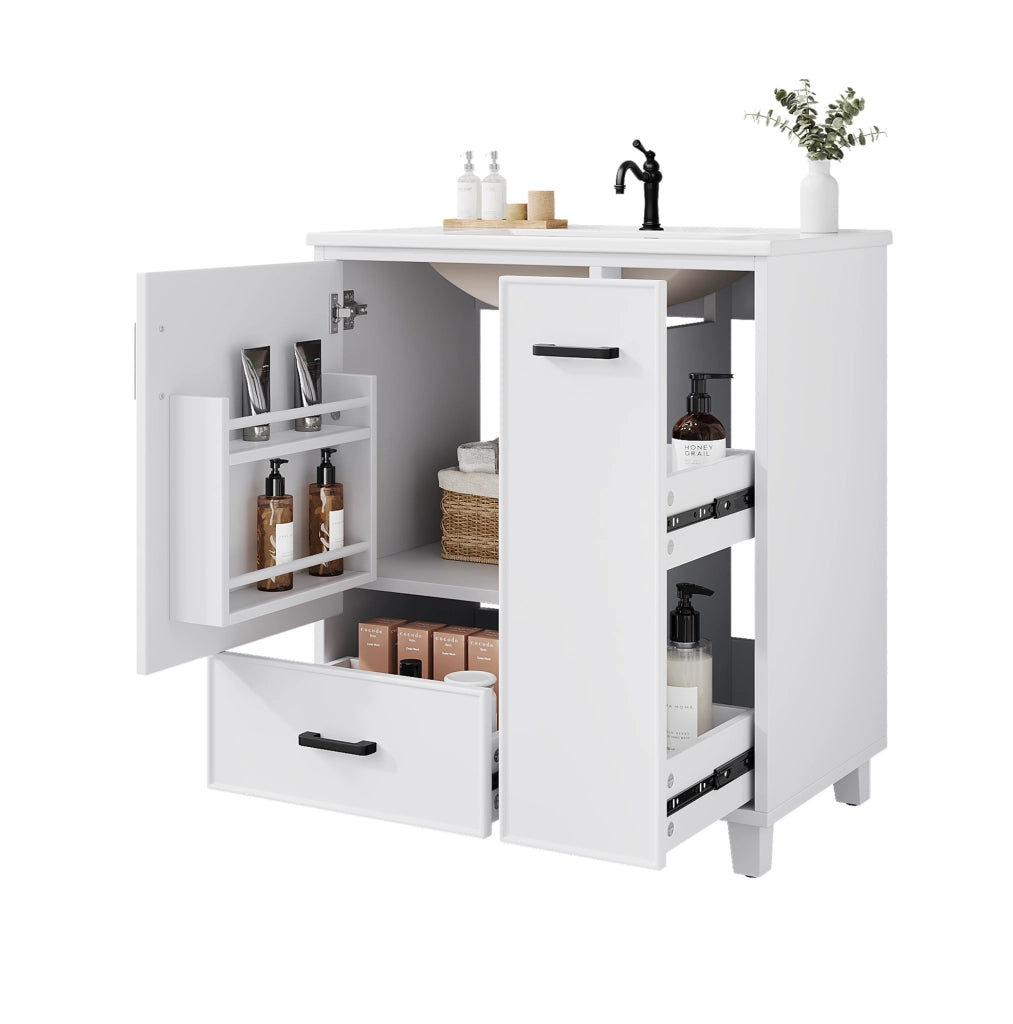 Mobile lavabo a pavimento bianco con lavabo in ceramica, 2 cassetti e vano portaoggetti capiente