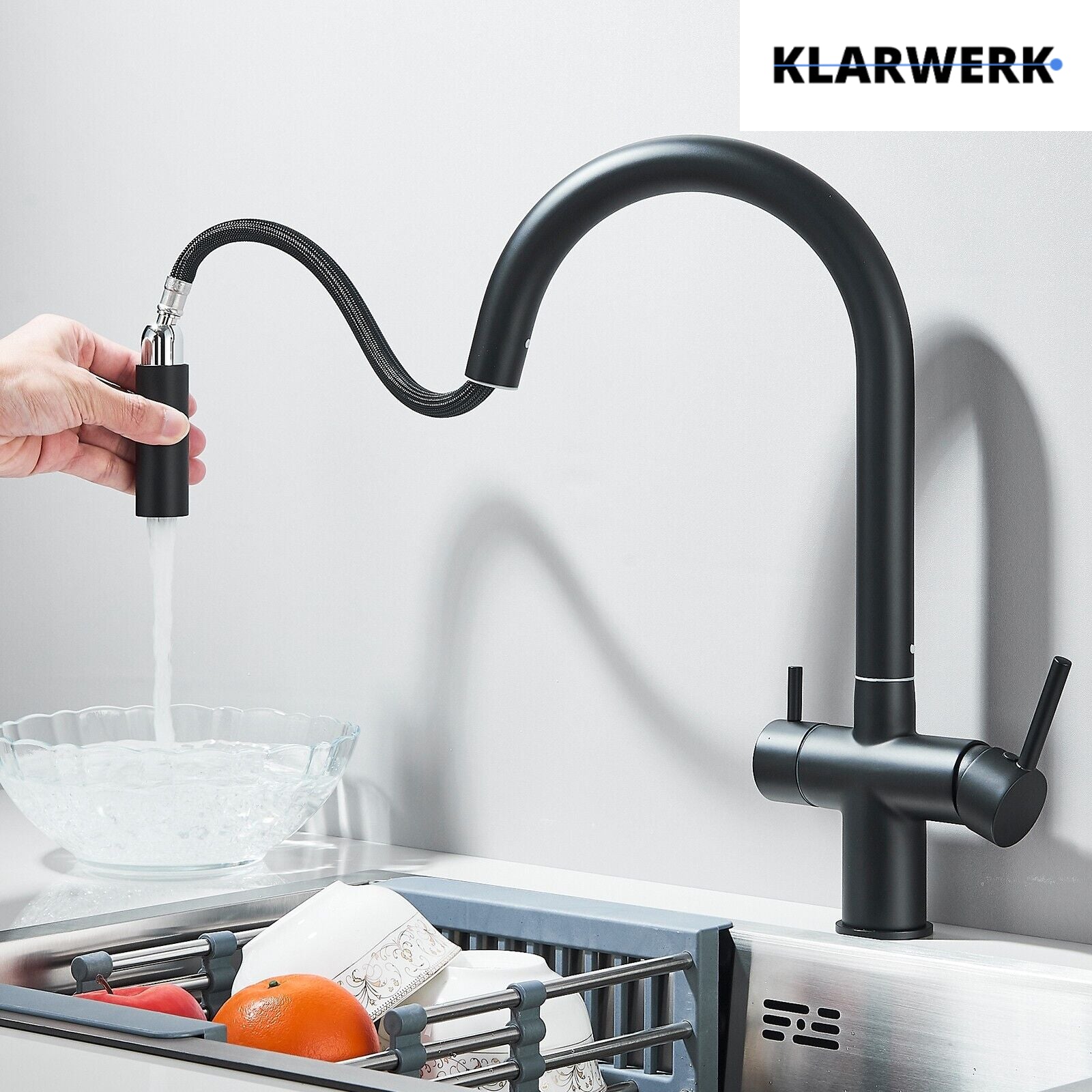 Jana | Raccordo estensibile premium a 3 vie grigio titanio opaco | Rubinetto osmosi da cucina in acciaio inox |. Filtro 3 connessioni ad arco alto