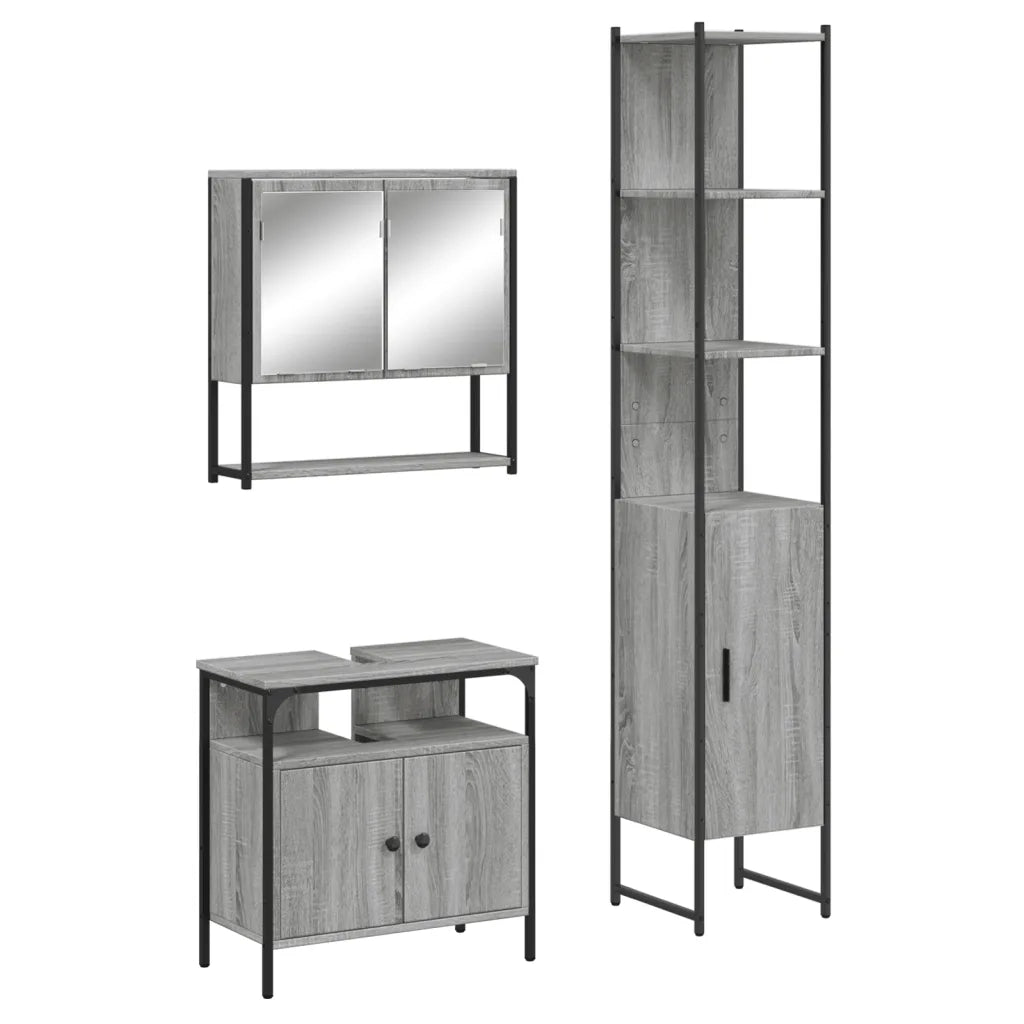 Set Mobili da Bagno 3 pz Grigio Sonoma in Legno Multistrato