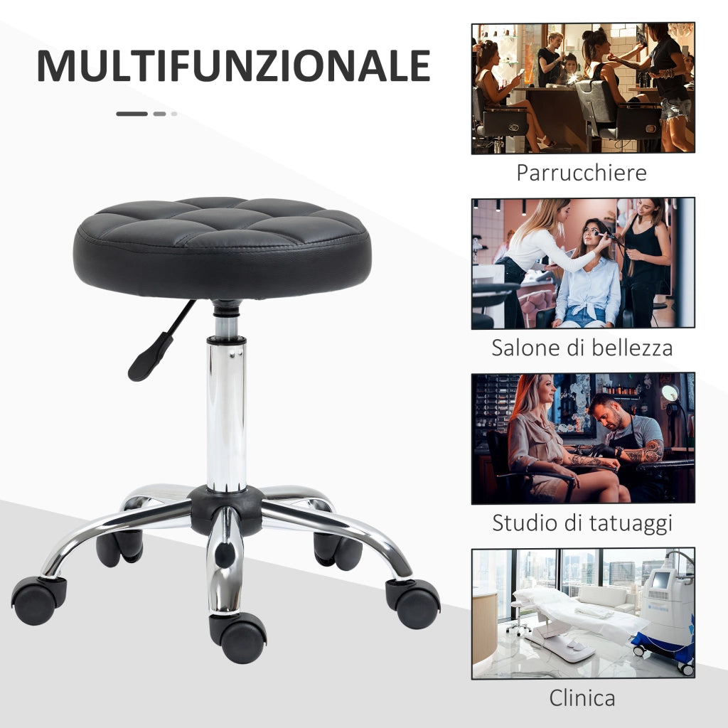 Sgabello Girevole con Ruote ¨C Zephmum ¨C Nero, Finta Pelle, Altezza Regolabile