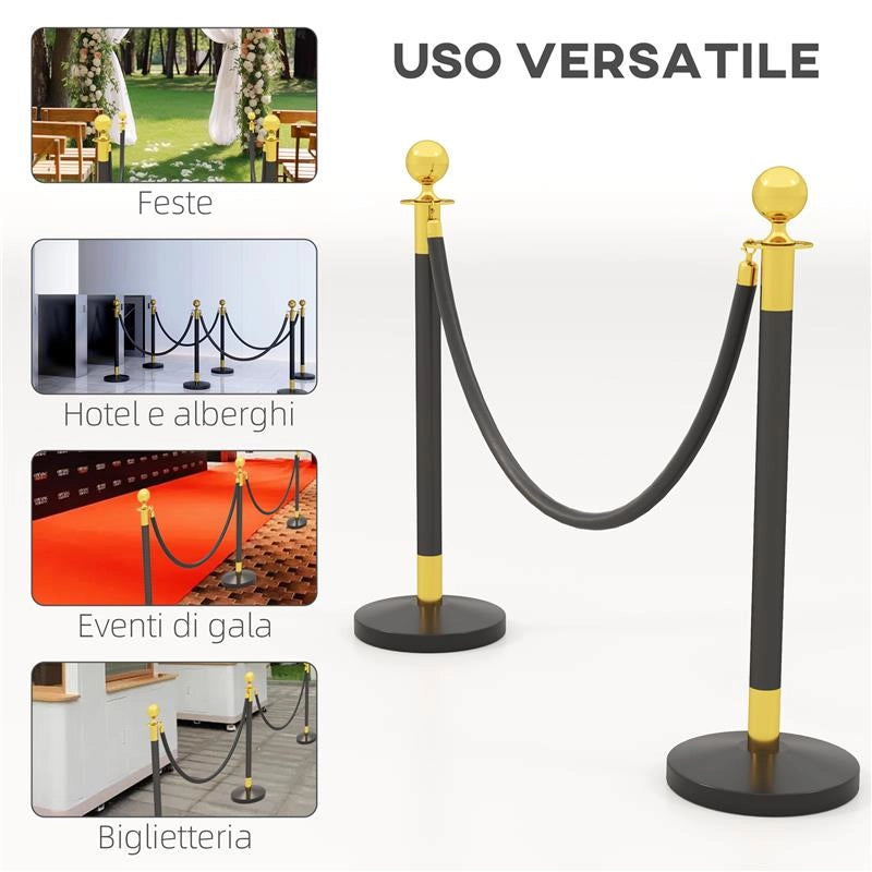 COLONNINE SEGNAPERCORSO IN ACCIAIO INOX CON CORDA VELLUTATA NERA DI 1.5 M E BASE RIEMPIBILE Ø 32X96 CM