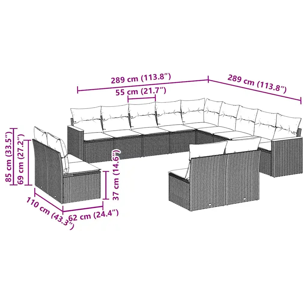 Set Divani da Giardino 13pz con Cuscini Nero in Polyrattan