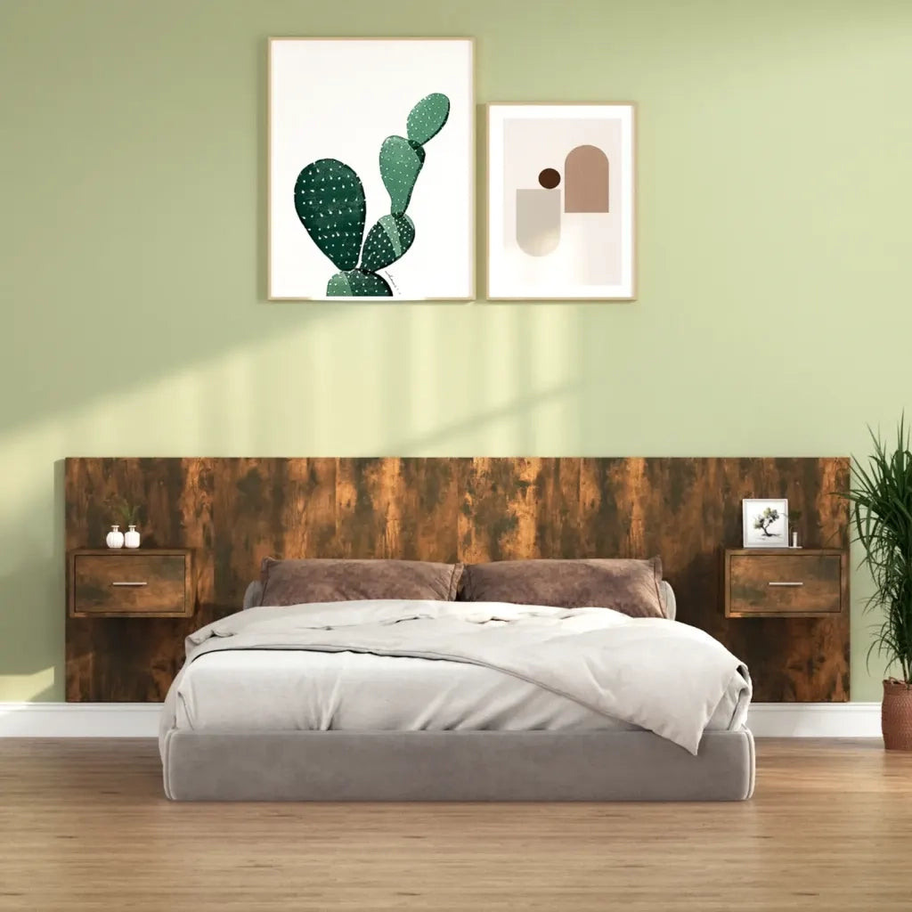 Testiera Letto con Comodini-Testiera con Contenitore in Legno Multistrato Rovere Fumo 785715