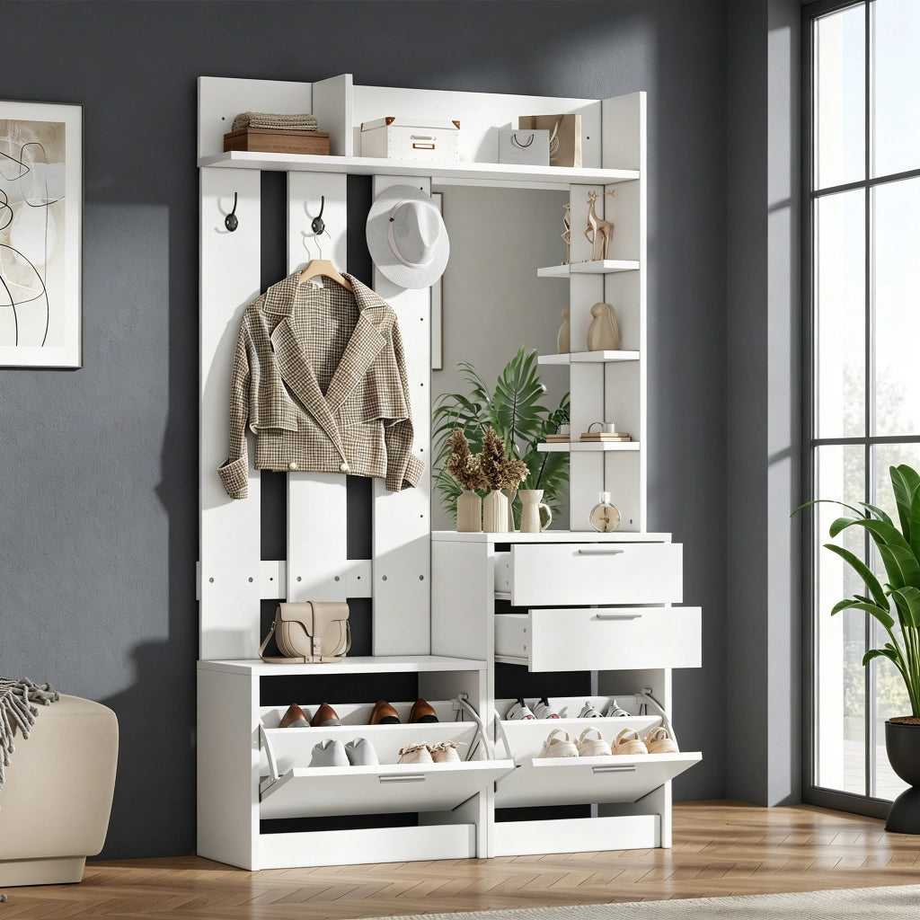 Mobile ingresso con 2 cassetti; specchio e 2 scarpiere ribaltabili - 110×34×185 cm