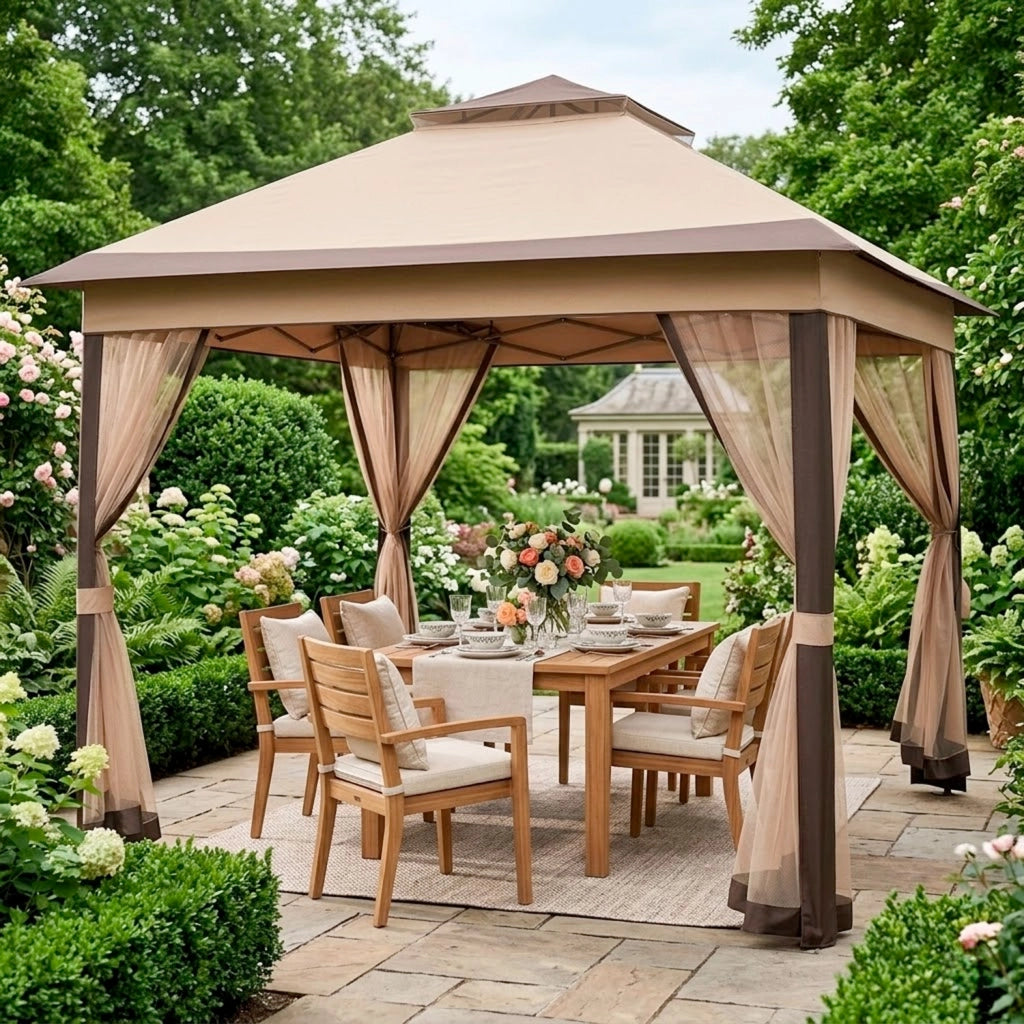 Gazebo Rapido Da Giardino Pop Up 3.33 x 3.33 Metri Altezza Regolabile Da 2.7 A 2.9 M Con Zanzariere Removibili Apertura Rapida E Borsa Trasporto Per Eventi Patio Piscina Campeggio Feste Kaki