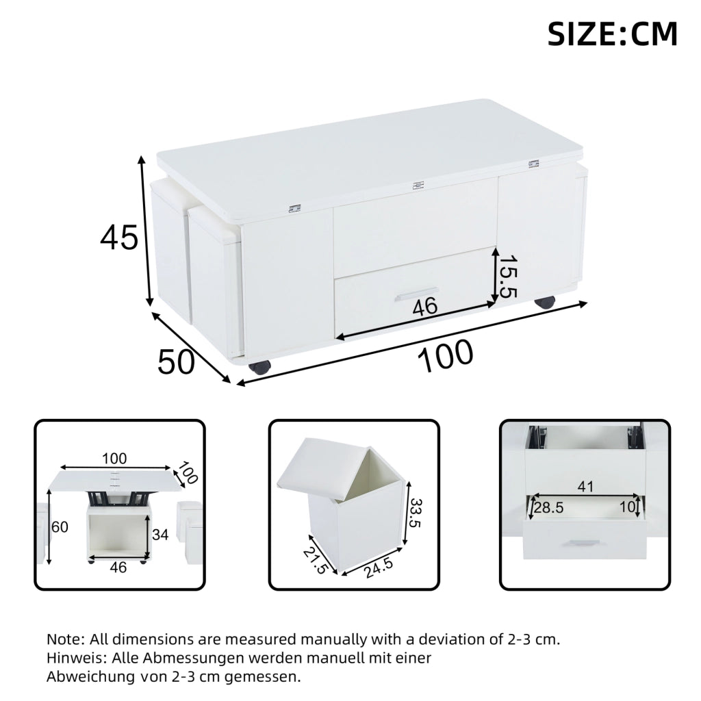 Tavolino da salotto trasformabile 100x50x45 cm in truciolare bianco; con 4 sgabelli contenitori