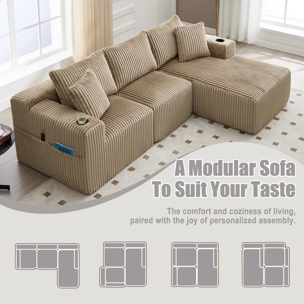 Divano modulare con chaise longue e 2 posti; 5 cuscini; tessuto in corduroy; cachi