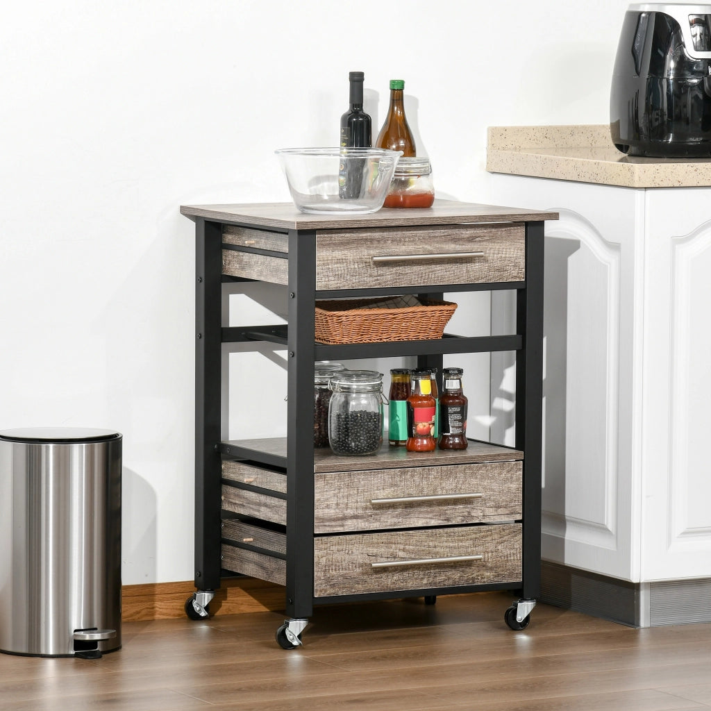 Easycomfort Carrello da Cucina Portavivande con 3 Cassetti e Mensola, Mobiletto Multiuso in Legno Truciolare, 60x50x84.5cm, Quercia