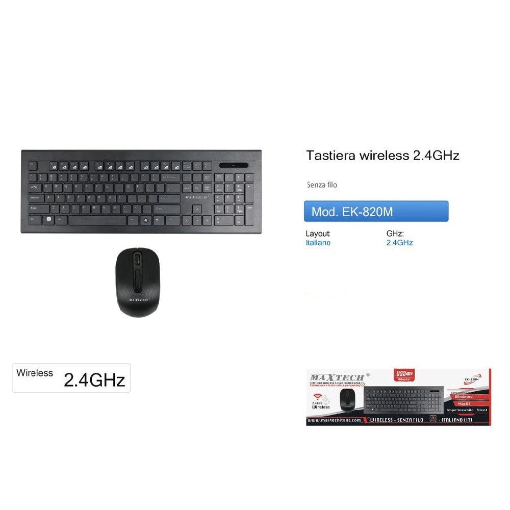 Trade Shop - Tastiera Mouse Wifi Wireless Impermeabile 2.4ghz Computer Laptop Pc Maxtech Ek-820m -