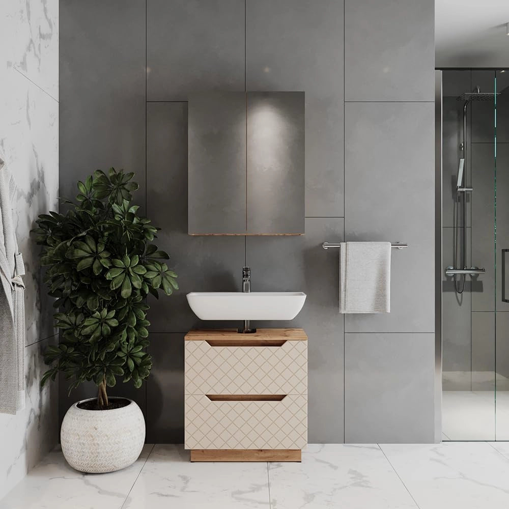 Set di mobili da bagno Lotta, Rovere/grigio con struttura in piastrelle, 2 parti