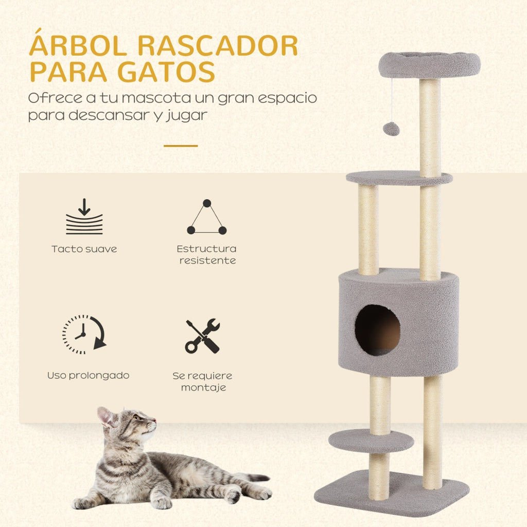 Albero tiragraffi per gatti con piattaforme e pallina ¨C zephmum ¨C grigio 148 cm
