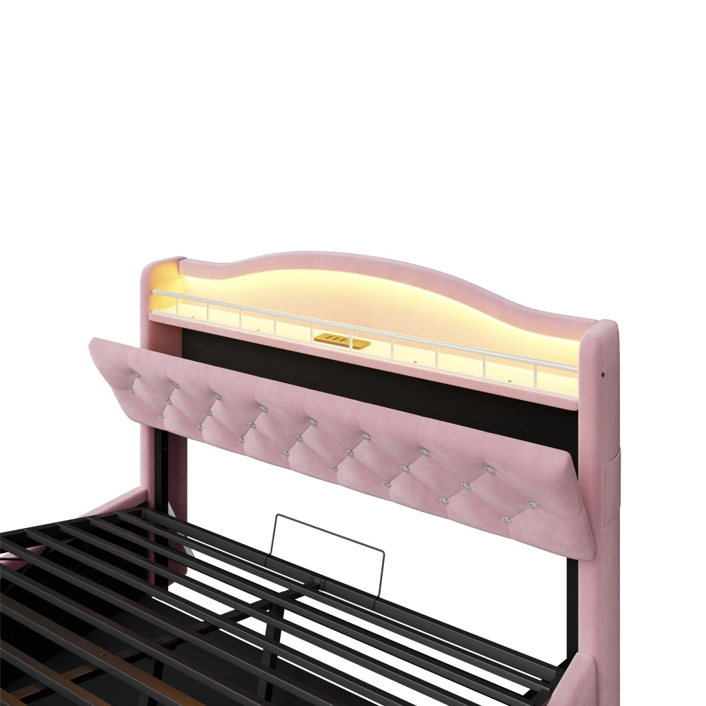Letto contenitore matrimoniale con USB; USB-C; LED e vani testiera 140 × 200 cm; senza materasso