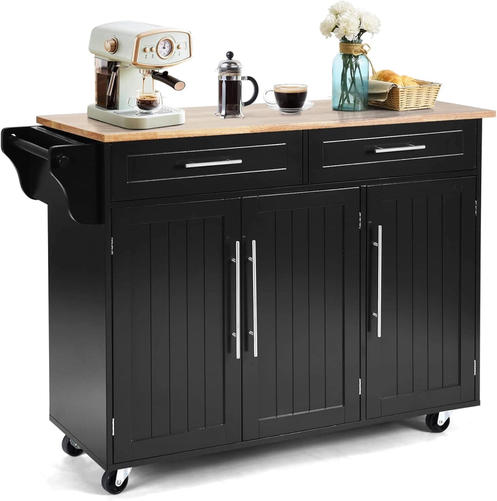 Carrello da Cucina, Carrello di Servizio con Ruote e Maniglia, 3 Ante e 2 Cassetti, Ideale per Cucina Ristorante Bar, 122x46x92,3 cm (Grigio)