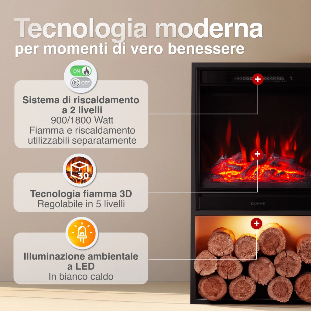 KAMINIO Camino elettrico HUGO - Stufa elettrica con riscaldamento, effetto fiamma 3D, luce ambiente a LED, scomparto de legno, telecomando - Nero