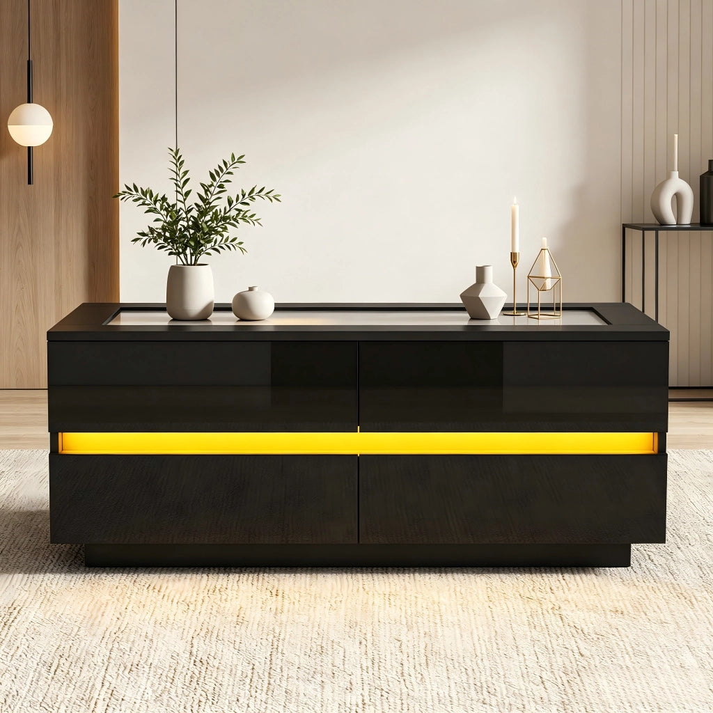 Tavolino da caffè con 4 cassetti; LED - per soggiorno - in truciolare - 100×50×40 cm - nero
