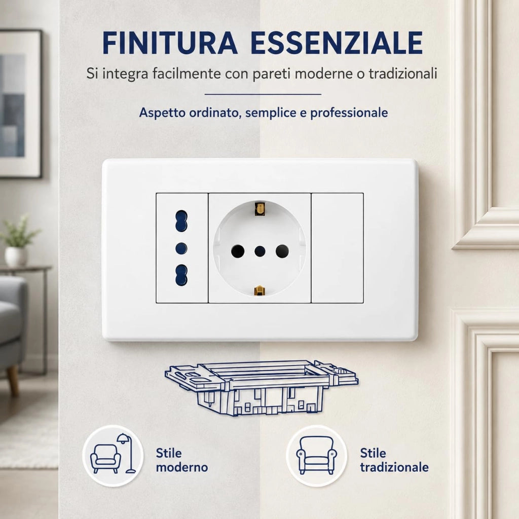 Placca Placchetta Elettrica 3 Posti con Interruttore e Schuko Bipasso