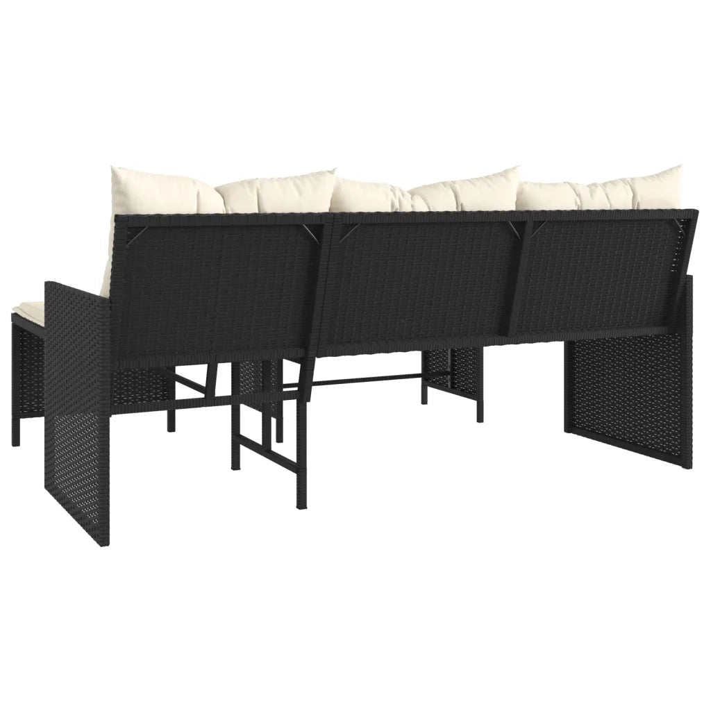 Divano da Giardino con Tavolo e Cuscini a L Nero in Polyrattan 365581