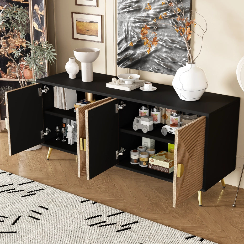 Credenza 160 cm a 4 ante nera effetto legno con dettagli oro