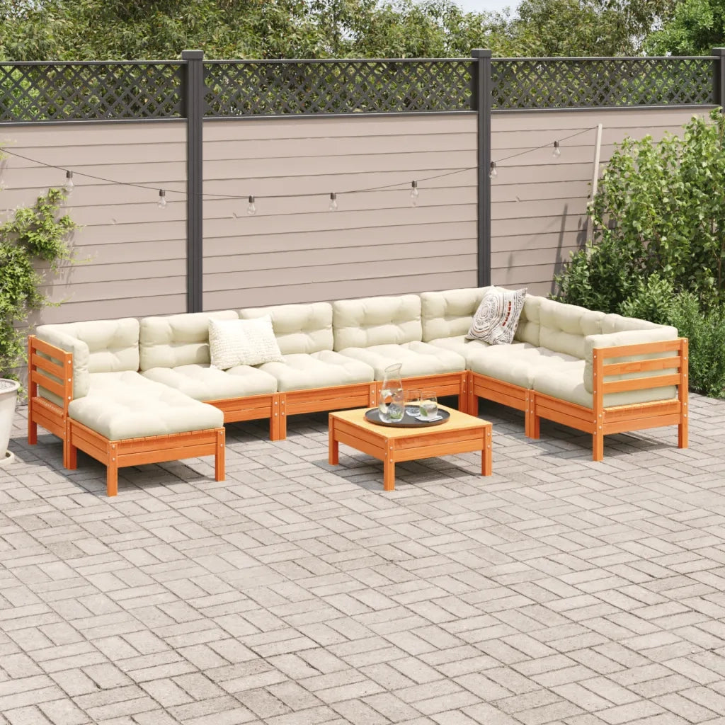 Set Divani Giardino 9 pz con Cuscini Marrone Cera Massello Pino