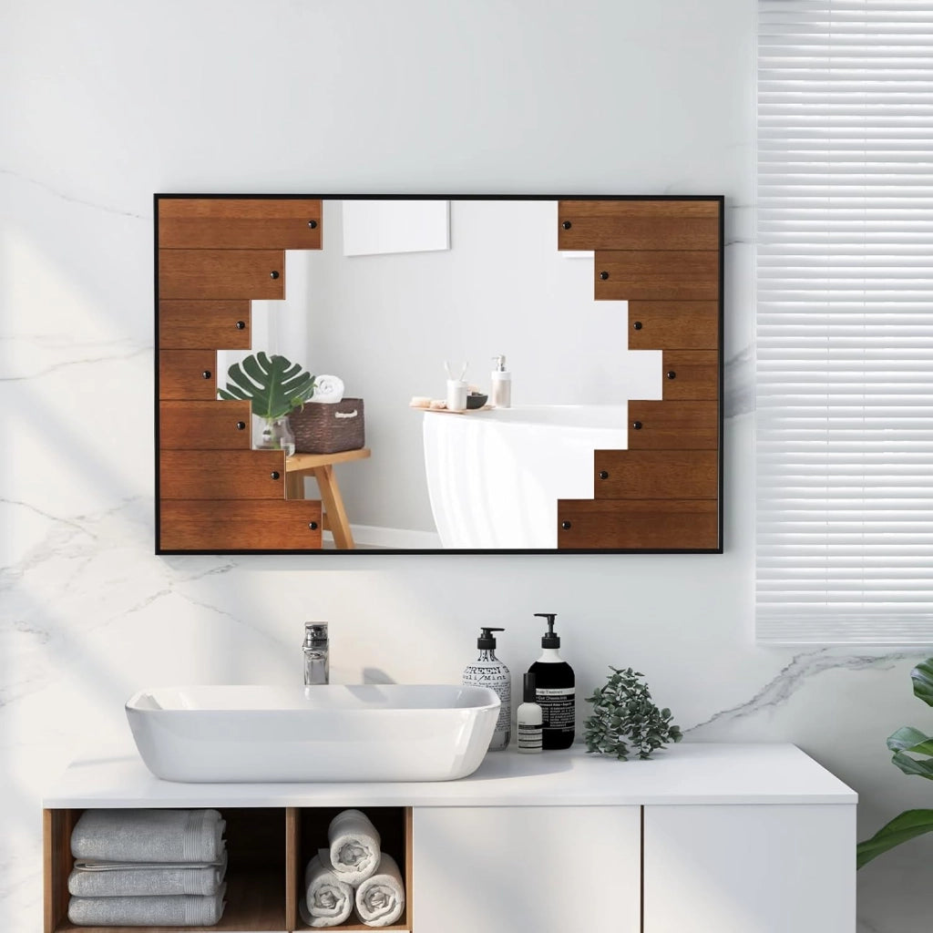 Specchio da Parete Rettangolare 66x100 cm, Specchio da Bagno con Cornice a Tastiera di Pianoforte, Gancio Bidirezionale, Specchio Moderno per Soggiorno Camera da Letto Ingresso