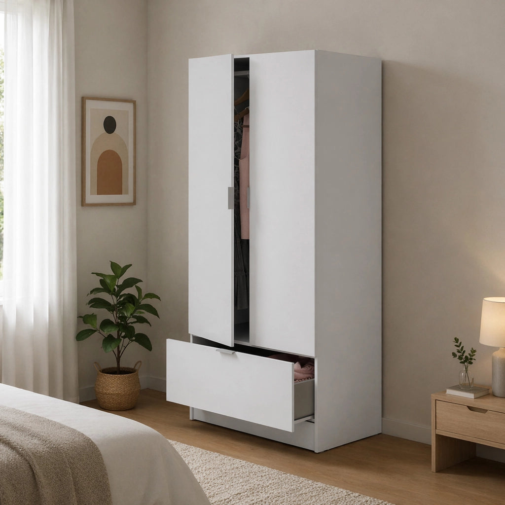 Armadio Camera da Letto Budoia, Guardaroba 2 Ante Appendiabiti, 51x170h cm Bianco
