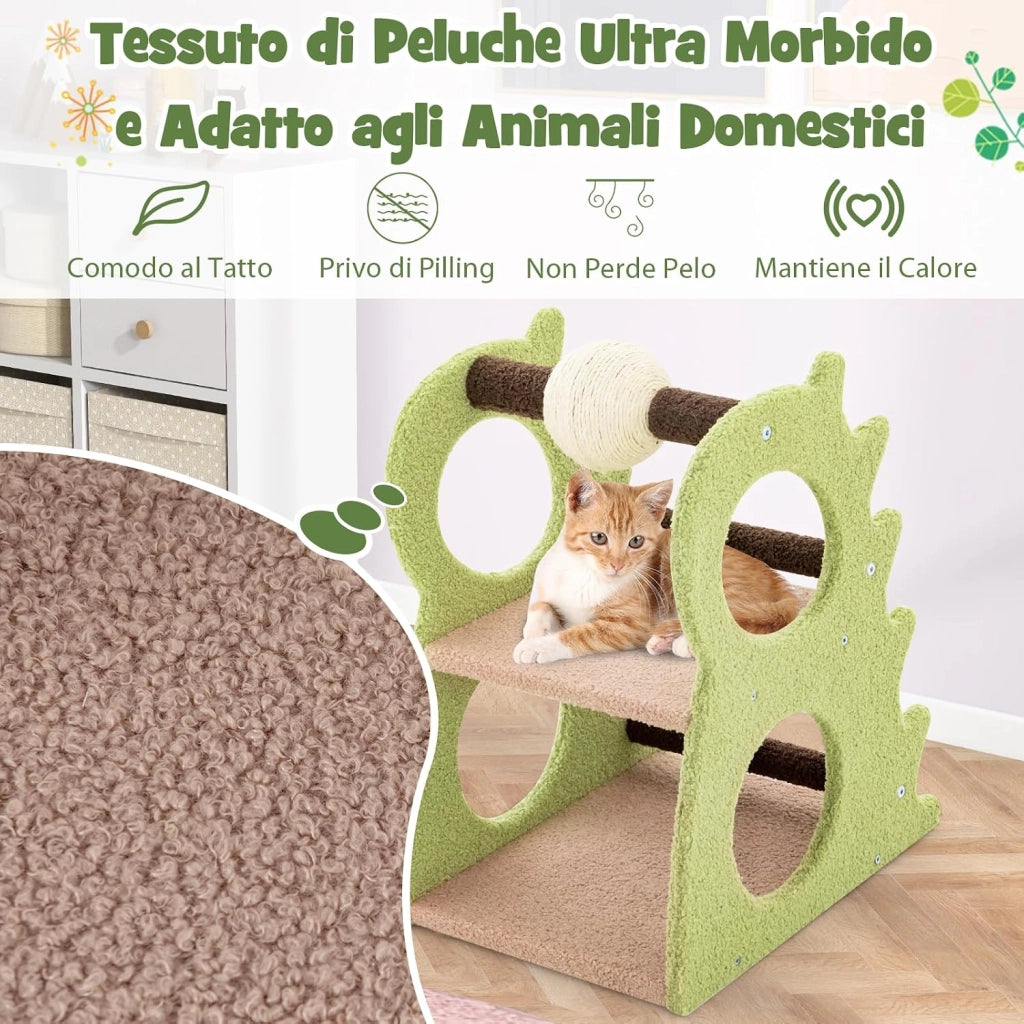 Albero Tiragraffi Moderno a 2 Livelli da Interno, Torre per Gatti a Forma di Dinosauro con Palla Girevole in Sisal, Tessuto Peluche Morbido e Tiragraffi, Centro Attività per Gatti
