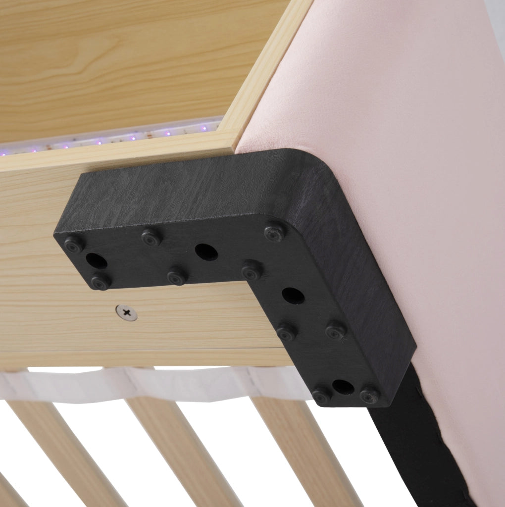 Letto imbottito 90x200 cm con libreria laterale LED e contenitore in velluto rosa