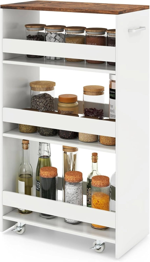 Carrello per Nicchia con Ruote, 4 Livelli，Carrello di Servizio Stretto Salvaspazio, da Bagno, Scaffale da Cucina Sottile 47,5 x 13 x 80,5 cm (Industriale+Bianco, Largo 25 cm)