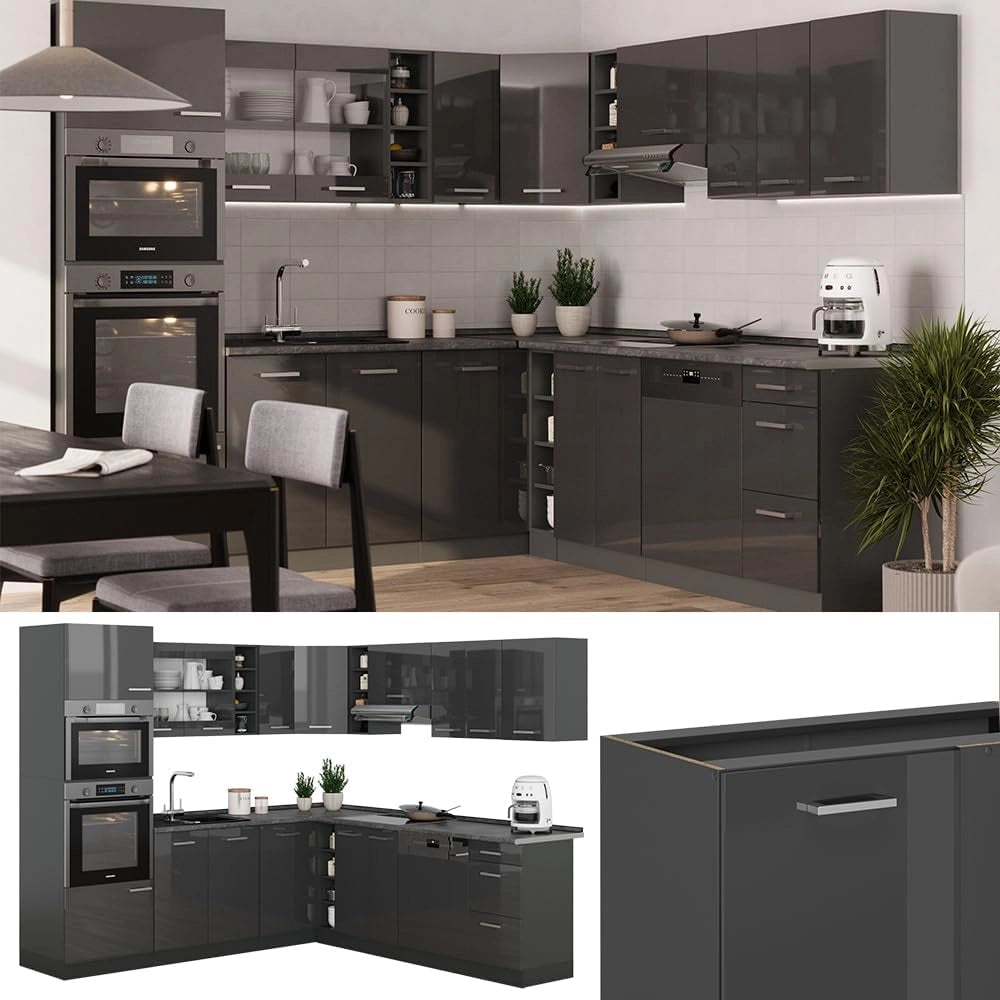 Cucina angolare completa R-Line, Antracite lucido, 247 x 60 cm, PL Antracite, per una pianificazione cucina flessibile e un'estensione modulare