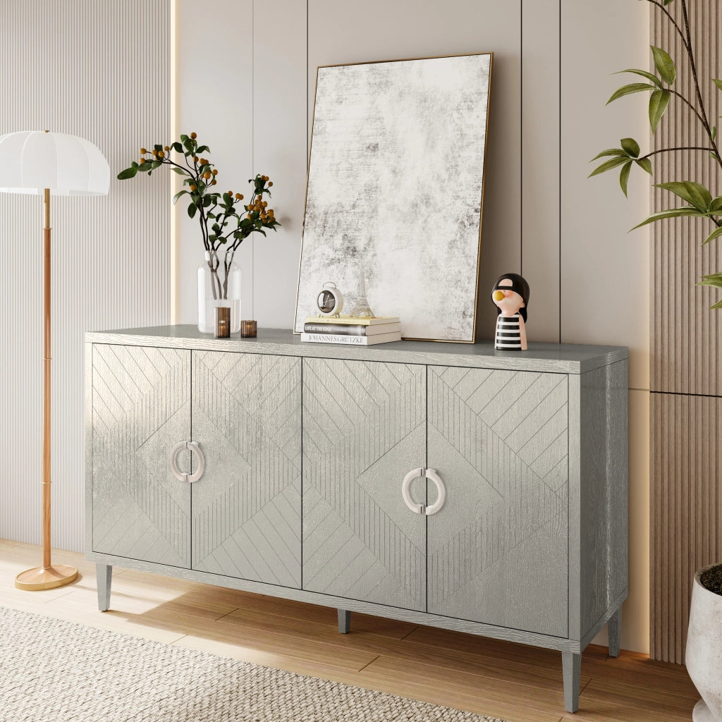 OKWISH Mobile Contenitore Contemporaneo con 4 Ante e Gambe in Pino, per Soggiorno Camera Cucina, MDF, 152 x 40 x 82.5 cm