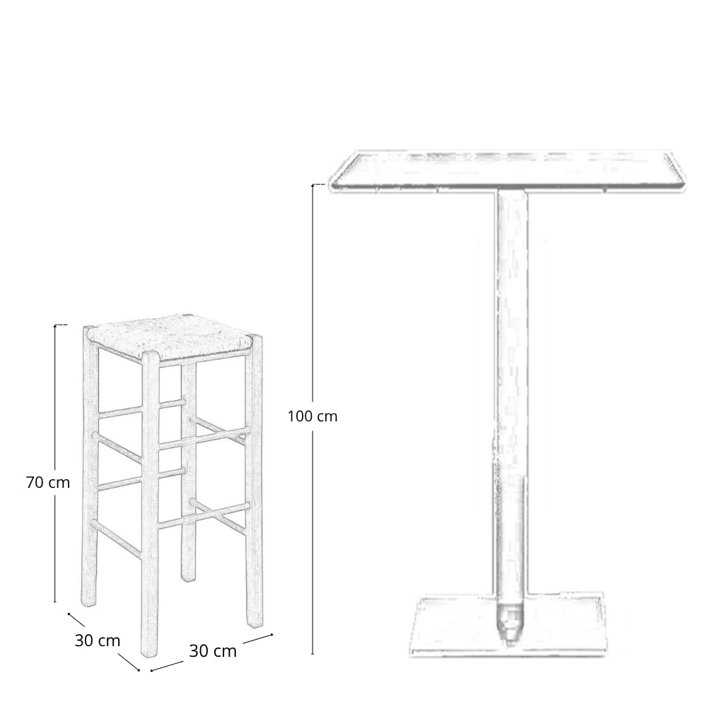 Sgabello h 70 cm in legno noce scuro con seduta quadrata in paglia gambe dritte