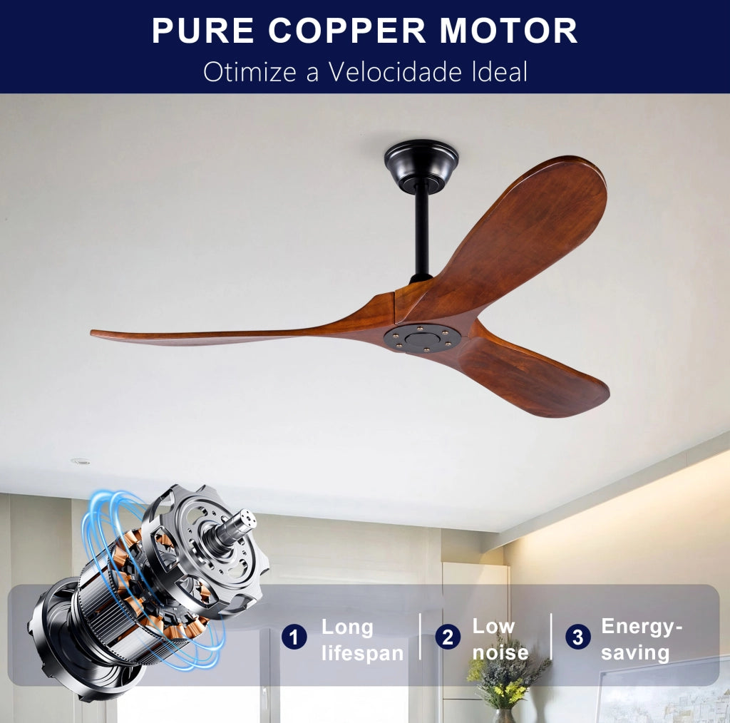 Ventilatore da soffitto a 3 pale in legno senza luce; con telecomando e funzione memoria; nero e noce scuro