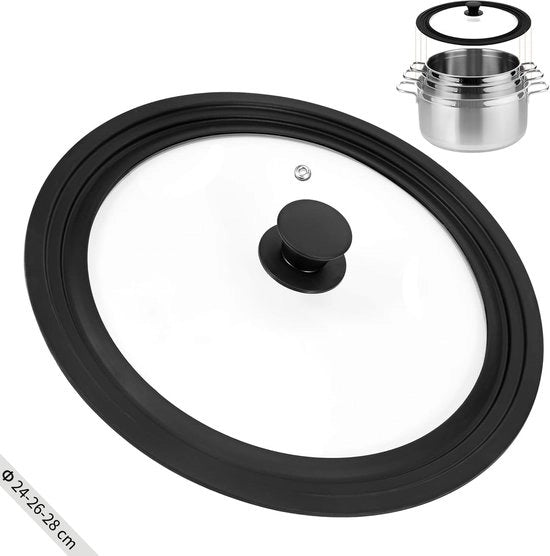 Deksel 3-in-1 Universale - 24/26/28 cm - Bordo in Silicone - Resistente al Calore - Vetro Temprato - Adatto per Pialle/Pentole - Copertura per Pialle
