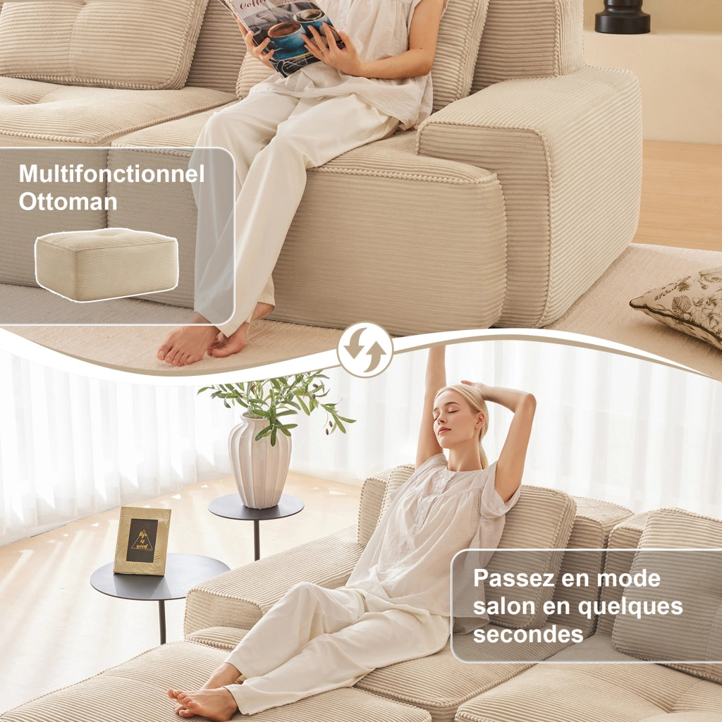 Divano modulare 3 posti con ottoman; seduta profonda; senza montaggio; velluto a coste beige