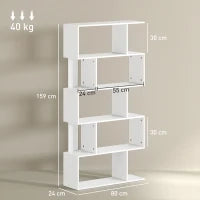 Libreria Asimmetrica a S a 5 Livelli con 10 Ripiani Aperti, in Legno, 80x24x159 cm, Bianco