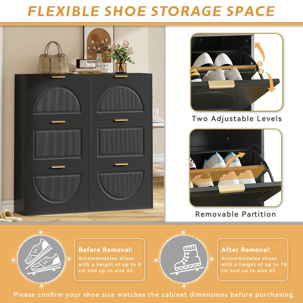 OKWISH Scarpiera con 6 Ribalte e Ripiani Aperti, Ripiani Regolabili, per Ingresso, in MDF, Nero 118×25×115 cm