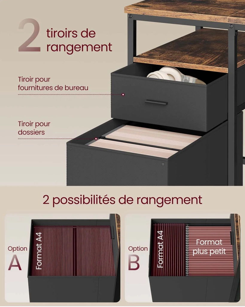 Scrivania per computer con spazio di archiviazione 3 ripiani 2 cassetti 60 x 140 x 76 cm per ufficio/soggiorno stile industriale marrone rustico e nero 12_0004571