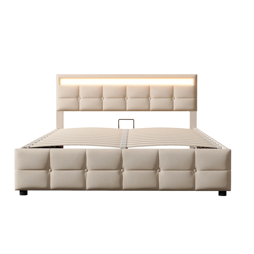 Letto contenitore matrimoniale 180×200 cm con LED; rete sollevabile; senza materasso; velluto; beige