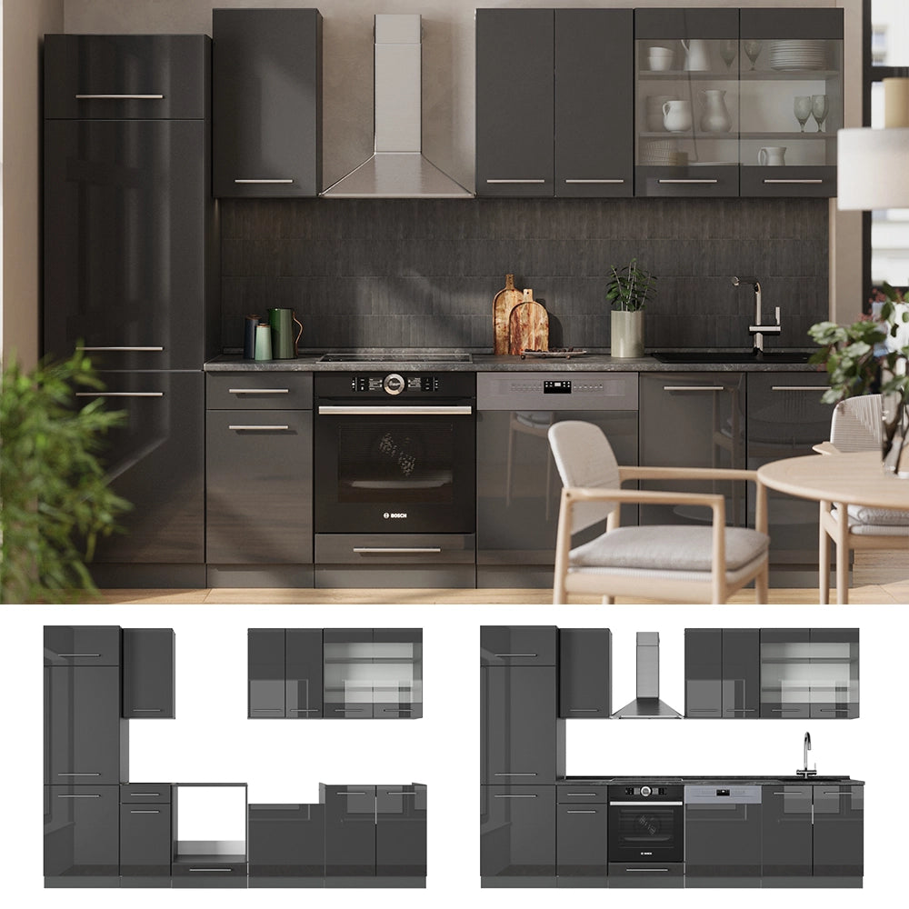 Cucina componibile Fame-Line Antracite lucido/Antracite 300 cm, PL Marmo Vicco