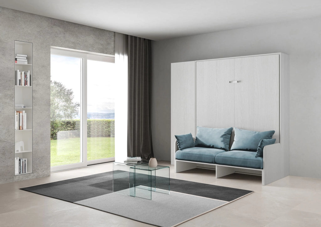 Letto matrimoniale a scomparsa 160 Kentaro con divano e colonna bianco frassino, azzurro