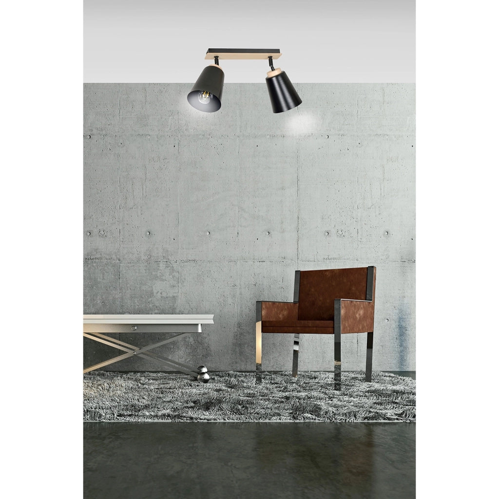 Plafoniera Faretti Spot Orientabili 2 Luci Xiwangmu Acciaio Nero E Legno Naturale