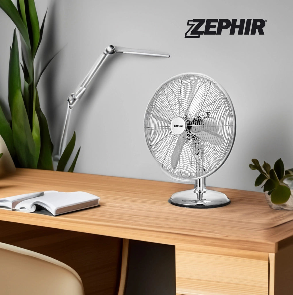 Zephir PF41CR Ventilatore da Tavolo, Corpo in Acciaio Cromato, Diametro 40 cm, 3 Velocità, 4 pale, Oscillazione Laterale Automatica, Griglia di Sicurezza,