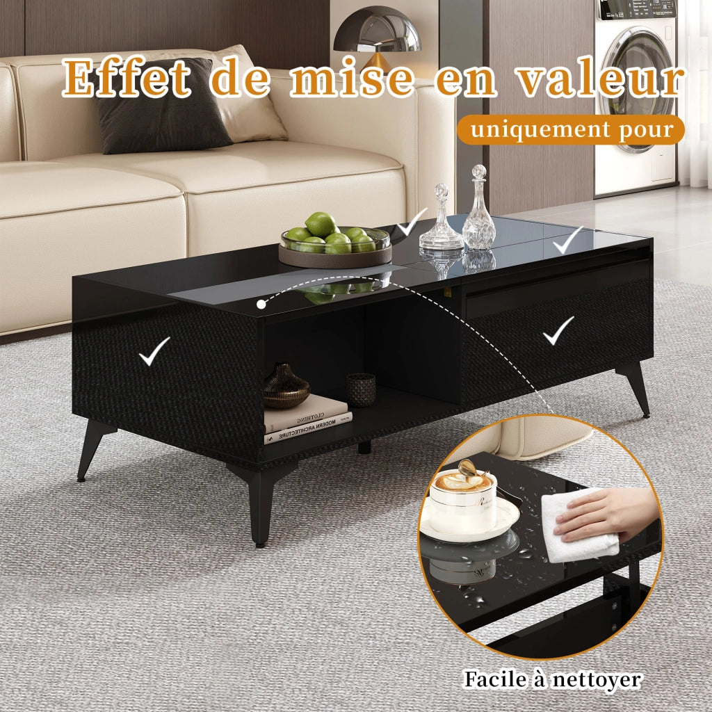 OKWISH Tavolino da Salotto con Piano Sollevabile, Vano Contenitore e Ripiani Aperti, Finitura Lucida, Nero, 110 x 50 x 48 cm