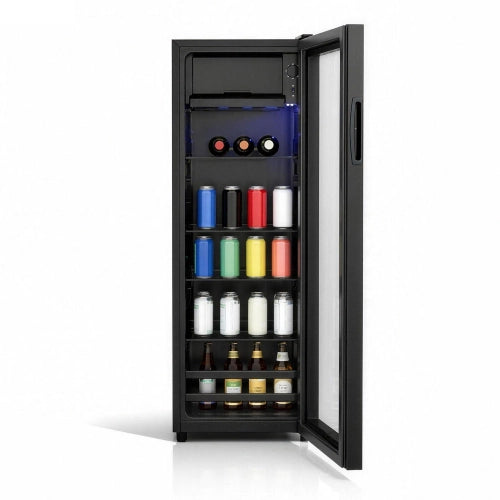 Mini frigorifero; congelatore; volume totale 128L; freezer 8L; frigorifero da 120L; basso rumore; sistema di raffreddamento del compressore; efficiente energeticamente; scaffali regolabili; nero